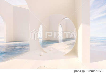 Abstract summer landscape scene with geometric form. ocean beach view. 3d rendering. 89854976
