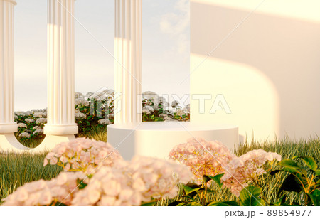 Abstract spring summer landscape scene with geometric form. lake and flower view. 3d rendering. 89854977