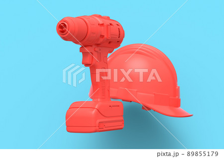 Set of cordless drill or screwdrivers with hard head helmet on blue background Set of cordless drill or screwdrivers with hard head helmet on blue background 89855179