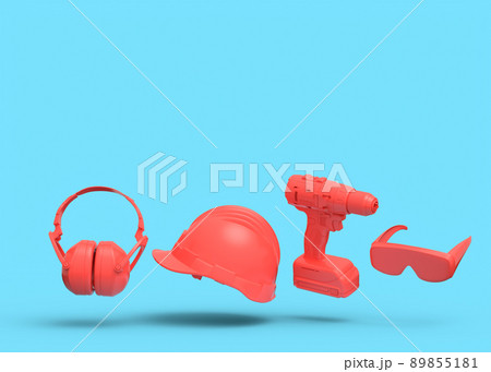 Flying view of red construction tools for repair on blue background Flying view of red construction tools for repair on blue background 89855181