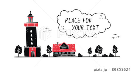 Vector illustration of the lighthouse and the lighthouse keeper's house. Space for text. 89855624