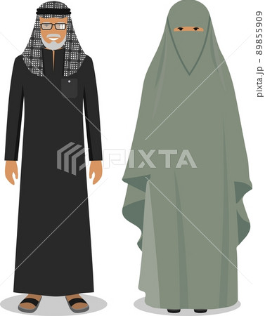 Family and social concept. Muslim arab old man and woman standing together in traditional islamic clothes in flat style on white background. Vector illustration. 89855909