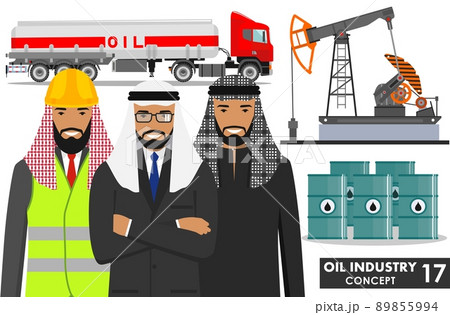 Oil industry concept. Detailed illustration of gasoline truck, oil pump, barrels and arab muslim businessman in flat style on white background. Vector illustration. 89855994