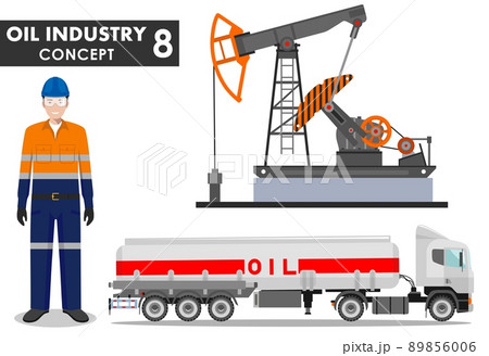 Oil industry concept. Detailed illustration of gasoline truck, oil pump and worker in flat style on white background. Vector illustration. 89856006