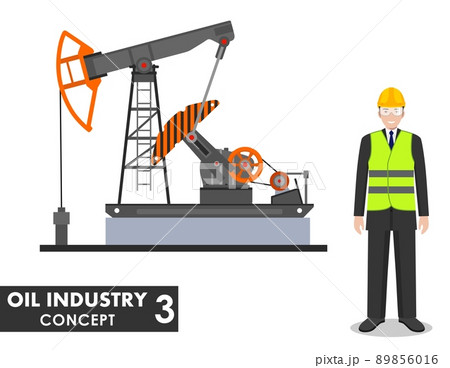 Oil industry concept. Detailed illustration of businessman, engineer and oil pump in flat style on white background. Vector illustration. 89856016