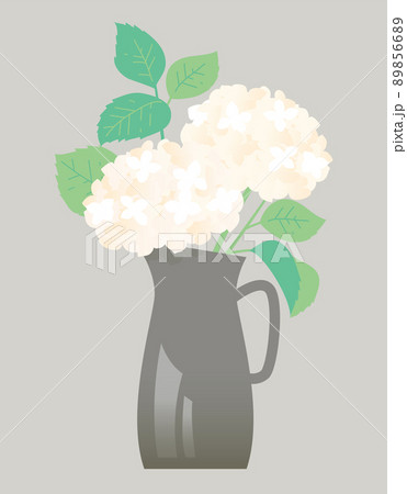 黒い陶器の花瓶に生けた白いアジサイの花のイラスト 89856689