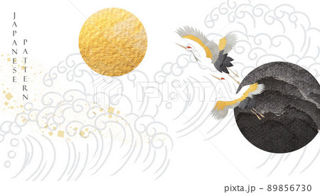 Crane birds with Gold and black texture in circle shape vector. Moon and sun with abstract art hand drawn line pattern in Japanese style. Template design with geometric pattern in vintage style 89856730