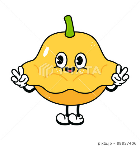 Cute funny yellow squash waving hand character. Vector hand drawn traditional cartoon vintage, retro, kawaii character illustration icon. Isolated on white background. Yellow squash character 89857406