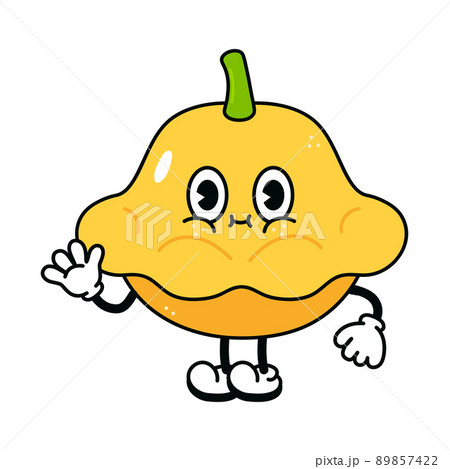 Cute funny yellow squash waving hand character. Vector hand drawn traditional cartoon vintage, retro, kawaii character illustration icon. Isolated on white background. Yellow squash character 89857422