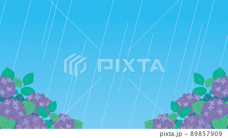 雨が降る中で紫色の紫陽花が咲く風景のイラスト 89857909