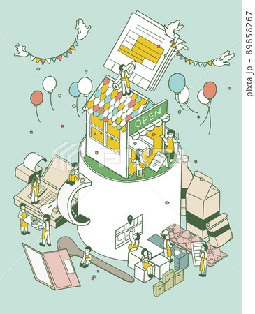 飲食店経営のアイソメトリックイラスト　青緑縦ver　アイソメトリック 89858267