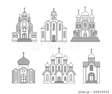 Vector set with illustrations of the Orthodox Christian Church. A religious building. Outline Vector set with illustrations of the Orthodox Christian Church. A religious building. Outline 89859450