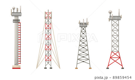 Vector set of illustrations of different constructions of cellular towers. 5G, 4g signal distribution. The Internet. Modern technologies 89859454