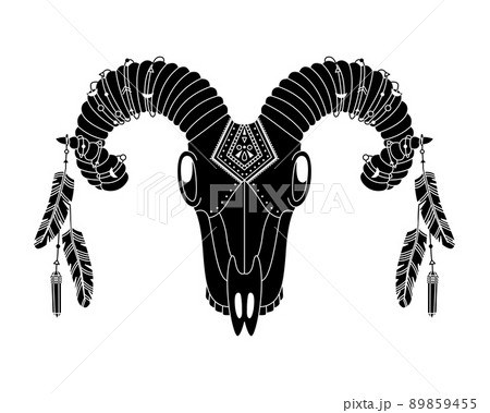 Animal skull in boho style with geometric ornaments and bird feathers. Tribal illustration in simple style. 89859455