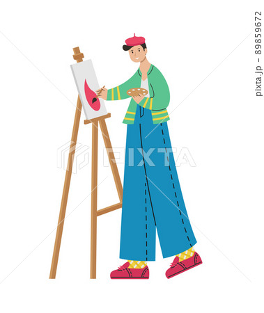 A male artist paints a picture on an easel. Creative professions. 89859672