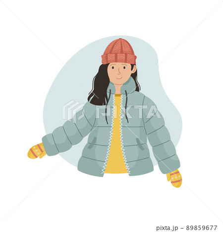 Vector illustration of a girl in a winter sintepon jacket and a knitted hat. Winter clothin 89859677