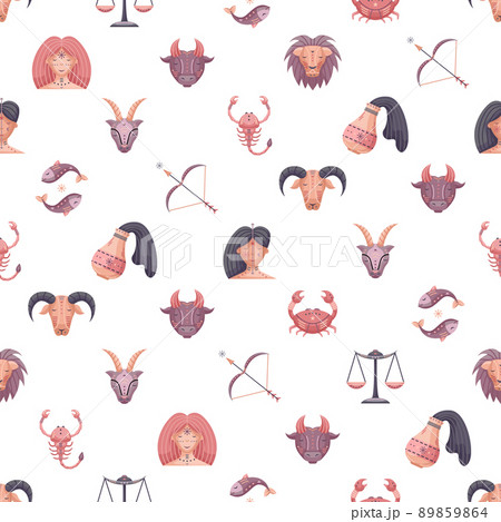 Flat vector astrology seamless pattern with zodiac signs Flat vector astrology seamless pattern with zodiac signs 89859864