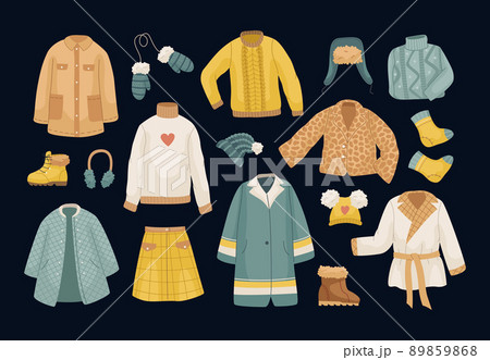 The vector set of winter clothes. Coats, hats, gloves, shoes and socks. 89859868