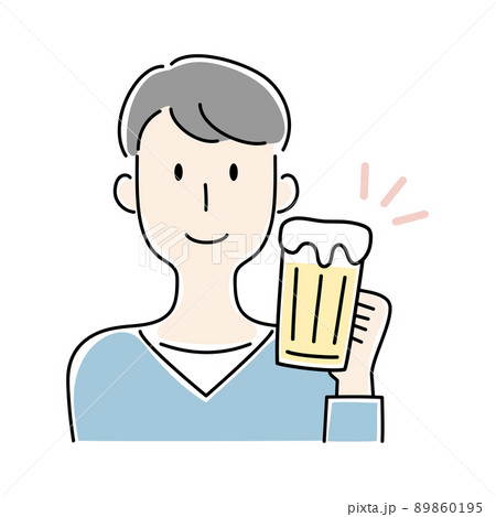 手描き風 ビールを飲む笑顔の男性のベクターイラストのイラスト素材