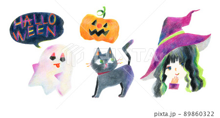 おばけ かぼちゃ 化け猫 魔女の手描きのハロウィンイラストセットのイラスト素材