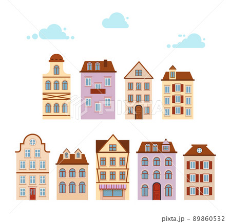 Set Houses icon. Old street european town. Urban landscape. retro home cartoon. 89860532