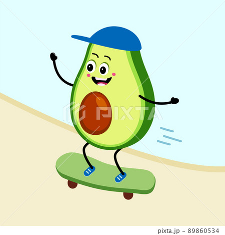 Cartoon Happy avocado on skateboard. Vector illustration in flat style. 89860534