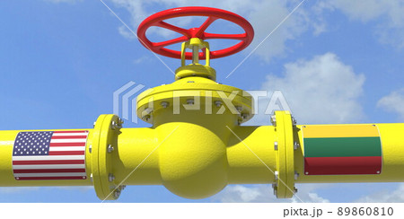 USA LITHUANIA gas or oil transit concept. Pipe with valve, 3D rendering USA LITHUANIA gas or oil transit concept. Pipe with valve, 3D rendering 89860810