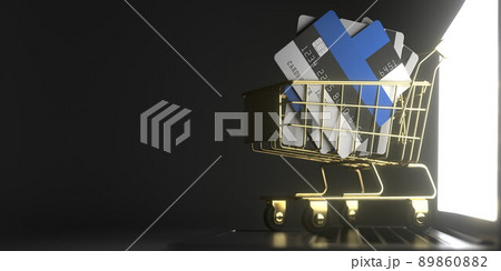 Shopping cart full of credit cards mockups with flags of Estonia on the computer. Conceptual 3D rendering Shopping cart full of credit cards mockups with flags of Estonia on the computer. Conceptual 3D rendering 89860882