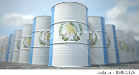 Many barrels with flag of Guatemala. Oil or chemical industry supply related 3D rendering Many barrels with flag of Guatemala. Oil or chemical industry supply related 3D rendering 89861126