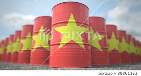 Many barrels with flag of Vietnam. Oil or chemical industry supply related 3D rendering Many barrels with flag of Vietnam. Oil or chemical industry supply related 3D rendering 89861133