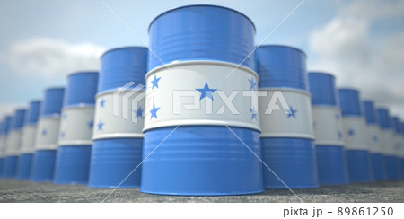 Many barrels with flag of Honduras. Oil or chemical industry supply related 3D rendering 89861250