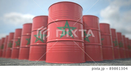 Barrels or oil drums with flag of Morocco. Petroleum or chemical industry related 3D rendering Barrels or oil drums with flag of Morocco. Petroleum or chemical industry related 3D rendering 89861304