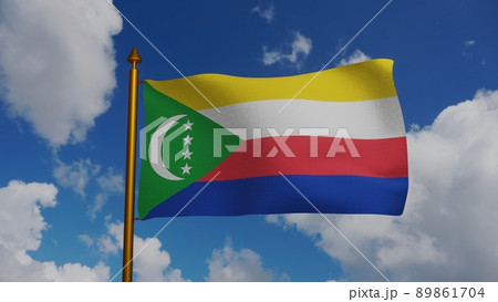 National flag of Comoros waving 3D Render with flagpole and blue sky, Union of the Comoros flag textile, Union des Comores or Udzima wa Komori, Independence day of Comoros National flag of Comoros waving 3D Render with flagpole and blue sky, Union of the Comoros flag textile, Union des Comores or Udzima wa Komori, Independence day of Comoros 89861704
