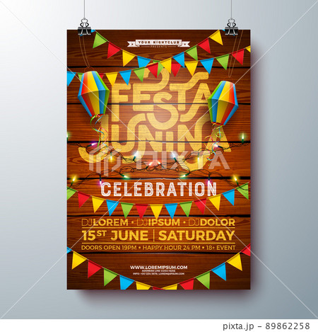 Festa Junina Party Flyer Design with Flags, Paper Lantern and Typography Lettering on Vintage Wood Background. Vector Traditional Brazil Sao Joao June Festival Illustration for Banner, Invitation or 89862258