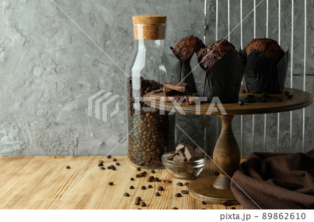 Concept of delicious food with chocolate muffins, space for text Concept of delicious food with chocolate muffins, space for text 89862610