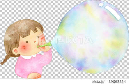大きなシャボン玉を吹く女の子のイラスト【フレーム】 89862834