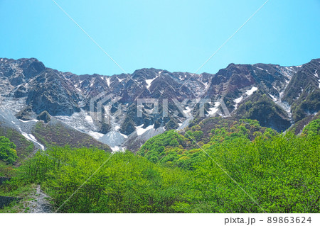 【日本百名山】行者谷から見た新緑と残雪の初夏の大山北壁9 鳥取県西伯郡大山町 【日本百名山】行者谷から見た新緑と残雪の初夏の大山北壁9 鳥取県西伯郡大山町 89863624