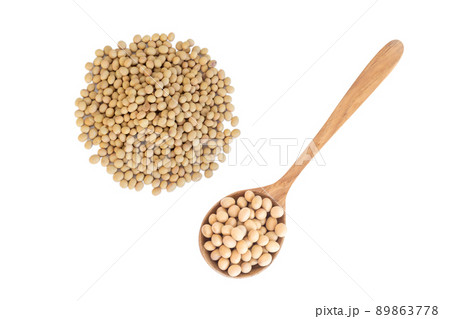 Top view soybean with wooden spoon isolated on white background, healthy food concept 89863778