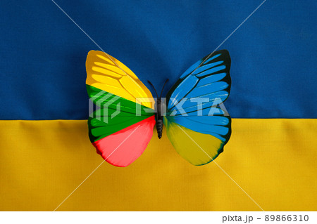 Lithuania Ukraine flag colors butterflay. Pray for Ukraine. Ukraine and Lithuania as a symbol of support and patriotism 89866310