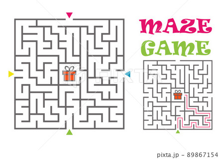 Square maze labyrinth game for kids. Logic conundrum. Four entrance and one right way to go. Vector flat illustration 89867154