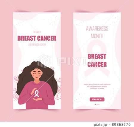 Breast cancer awareness month stories template. Happy woman with ribbon. Annual international health campaign. Social media background. Vector illustration in flat cartoon style 89868570
