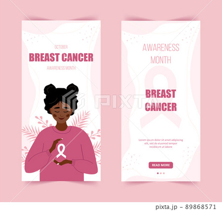 Breast cancer awareness month stories template. Happy african woman with ribbon. Annual international health campaign. Social media background. Vector illustration in flat cartoon style Breast cancer awareness month stories template. Happy african woman with ribbon. Annual international health campaign. Social media background. Vector illustration in flat cartoon style 89868571