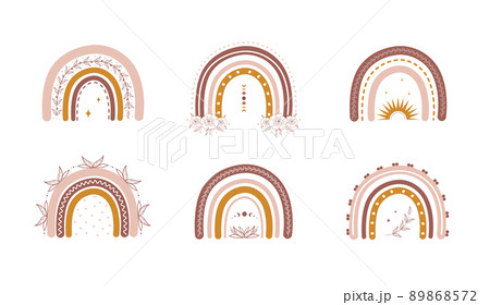 Rainbows in boho style with leaves and flowers. Bohemian illustrations for holidays. Scandinavian design for wallpaper and home decor. Modern vector illustration in different color Rainbows in boho style with leaves and flowers. Bohemian illustrations for holidays. Scandinavian design for wallpaper and home decor. Modern vector illustration in different color 89868572