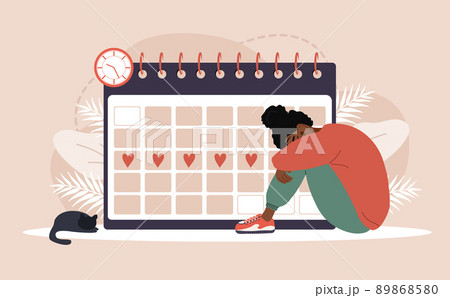 Woman period. Menstruation calendar shedule. Female critical day problems. Sad african girl with pms. Vector illustration in flat cartoon style 89868580
