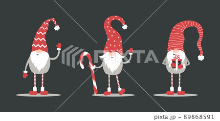 Cute gnomes in red santa hats on black background. Scandinavian christmas elves. 89868591