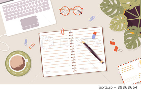 Open diary, planner or notebook concept. Top view workplace with lists, reminders, schedules or agendas. Effective personal planning and organization. Vector illustration in flat cartoon style 89868664
