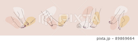 Pedicured female feet. Foot care concept. Linear vector Illustration of elegant woman legs in a trendy minimalist style. Beauty logo for nail studio, beauty center or spa salon 89869664