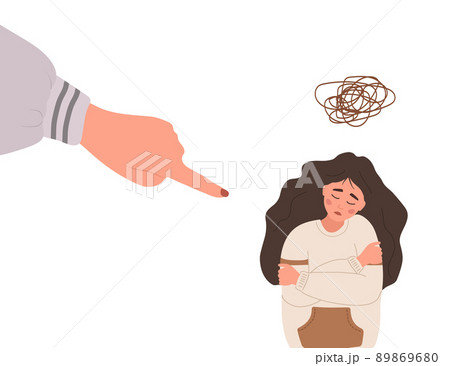 Social bullying. Finger pointing on sad girl. Depressed teenager sitting on floor and crying. Violence in school. Vector illustration in flat cartoon style Social bullying. Finger pointing on sad girl. Depressed teenager sitting on floor and crying. Violence in school. Vector illustration in flat cartoon style 89869680