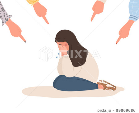 Social bullying. Fingers pointing on sad arab girl. Depressed teenager in hijab sitting on floor and crying. Violence in school. Vector illustration in flat cartoon style 89869686