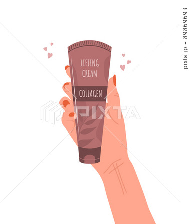 Skin care concept. Female hand holds tube of lifting cream with collagen. Morning routine. Face moisturizer. Hand drawn beauty product. Vector illustration in flat cartoon style Skin care concept. Female hand holds tube of lifting cream with collagen. Morning routine. Face moisturizer. Hand drawn beauty product. Vector illustration in flat cartoon style 89869693
